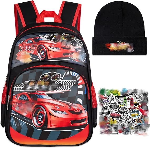 Wheel School Bag, Cool Car School Backpack, Lightweight School Bag Boys Girls, Kids Backpack Set with Hat, Stickersfor Days Out Rucksack Casual Travel Vacation Bag