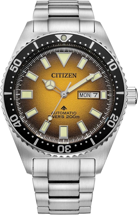 Citizen Men's Promaster Dive Automatic Three-Hand Stainless Steel Watch Day of the Week Luminous 41mm, Silvertone/Yellow Dial , Modern