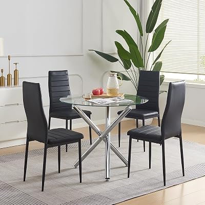 Round Glass Dining Set 5-Piece Round Kitchen Table & Chairs for 4, Glass Dining Table with 4 Faux Leather Chairs for Dining DinetteApartmentSmall Space Black, 5-PCS Set