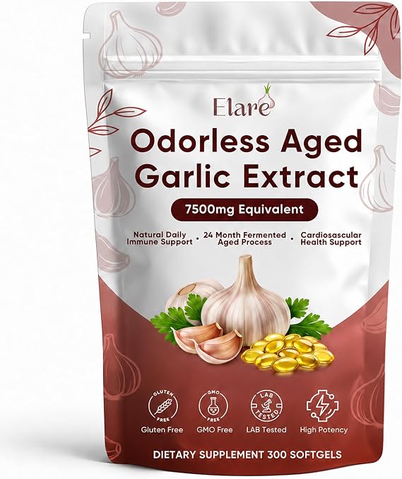 Elare Aged Garlic Extract - 300 Aged Odorless Garlic Extract Softgels, Vitalisse AJO Envejecido, 2-Year Matured, Heart & Immune Antioxidant Supplements, Vegetarian, Non-GMO, All-Natural, Gluten-Free