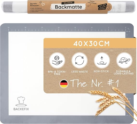 Backefix Silicone Baking Mat 40×30 cm Grey – Premium Reusable Baking Liner, Healthy Alternative to Parchment Paper (PFAS‑ & BPA‑Free), Non‑Stick, Dishwasher‑Safe & Everyday‑Proof
