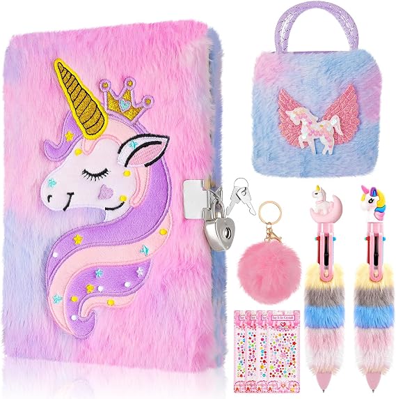 Unicorn Secret Diary For Girls With Lock, Fluffy Notebooks For Girls Purple