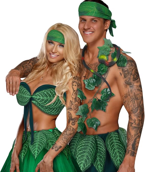 2 Pcs Leaf Hula Skirt and Hawaiian Costumes for Couples Adam Eve Outfit for Halloween Cosplay Dress up Party