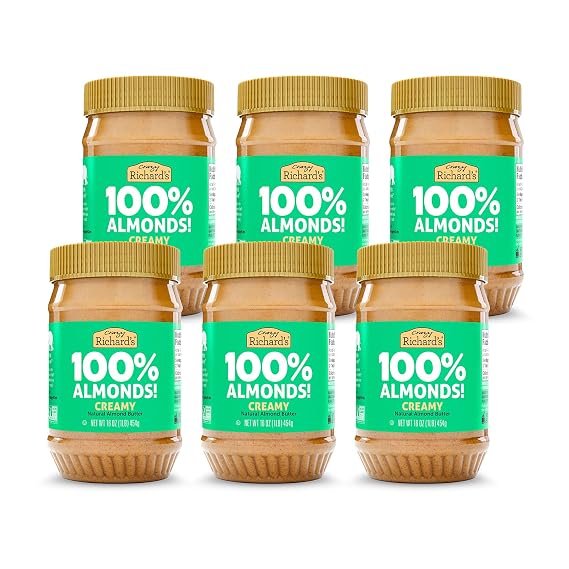 Almond Butter No Sugar Added, Made with Dry Roasted Almonds, Non-GMO Bulk Pack of 6 x 16oz Nut Butter Jar Crazy Richards