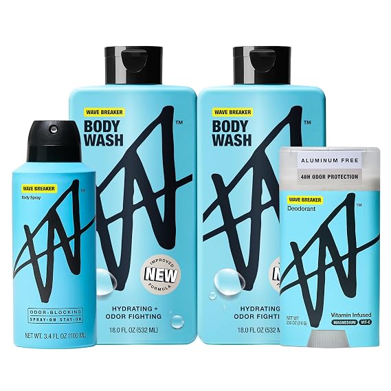 W by Jake Paul Mens Grooming Bundle Body Spray, Exfoliating Body Wash & Aluminum Free Antiperspirant, Odor Blocking, Vitamin-Infused, Wave Breaker Scent