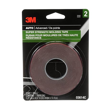 3M Super-Strength Molding Tape, 1/2 in x 15 ft, High Strength Double-Sided Adhesive, Permanently Attaches Side Moldings, Trim and Emblems to Interior and Exterior of Vehicles (03614)