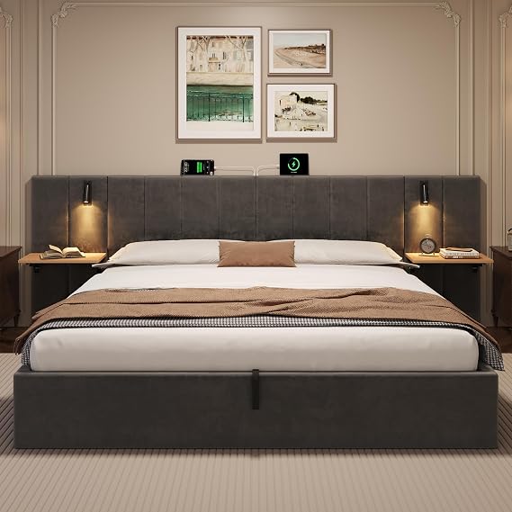 6ft Super King Szie Bed Frame with Hydraulic Storage&Adjustable Bedside Shelf, Functional Upholstered Ottoman Bed with Reading Light&Charging Station, Velvet Gas Lift Up Storage Bed, No Mattress, Grey