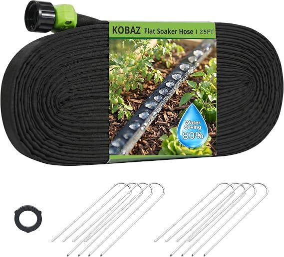 Flat Soaker Hose 25 FT, Garden Soaker Hose for Lawn and Yard, Water-Saving