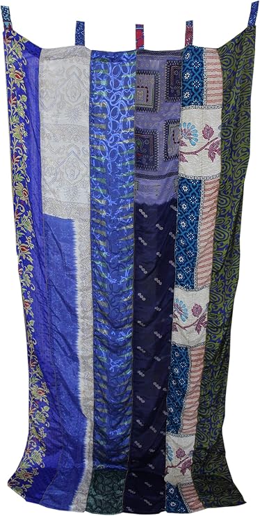 Mango Gifts Indian Old Sari Silk Curtain Door Window Drape with Hanging Loops - Handmade Recycled Multicolor Panel Upcycled Boho Patchwork Fabric - 220x110 cm