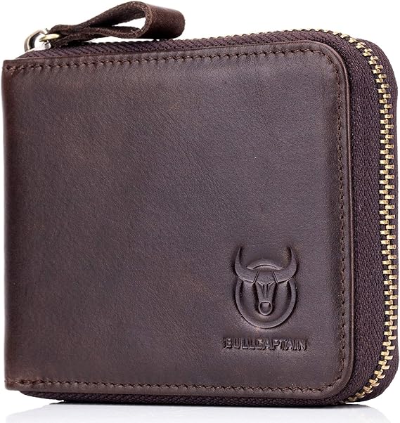 Mens Genuine Leather Zipper Wallet RFID Blocking Bifold Secure Zip Around Wallets Multi Credit Card Holder Purse (brown)
