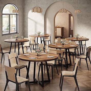 Tribesigns Round Commercial Dining Table Set of 6, 31.5" Heavy Duty Dinner Table with Metal Base, Wooden Kitchen Table for Restaurant, Cafe, Bakery, School, Apartment (Chairs are not Included)