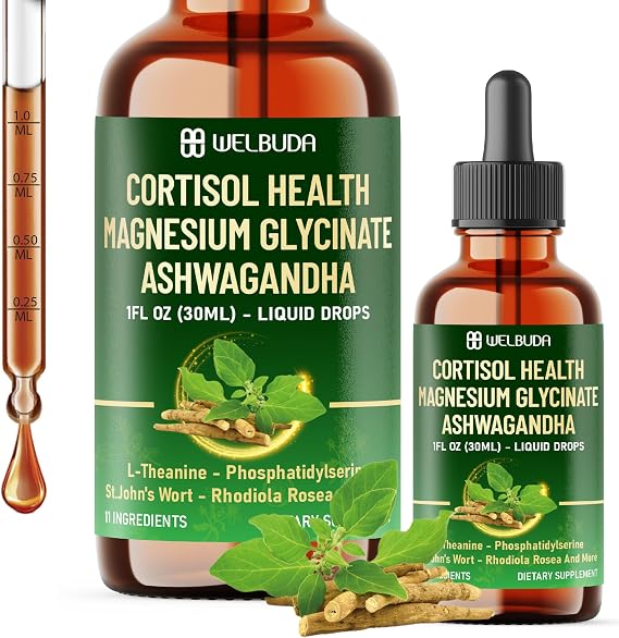 WELBUDA 11in1 Cortisol Liquid Supplement with Ashwagandha, Magnesium Glycinate Chelate, L-Theanine, Phosphatidylserine, St.John's WortL-Theanine and More - Immune & Mood Balance - 1 FL Oz - 30 Day