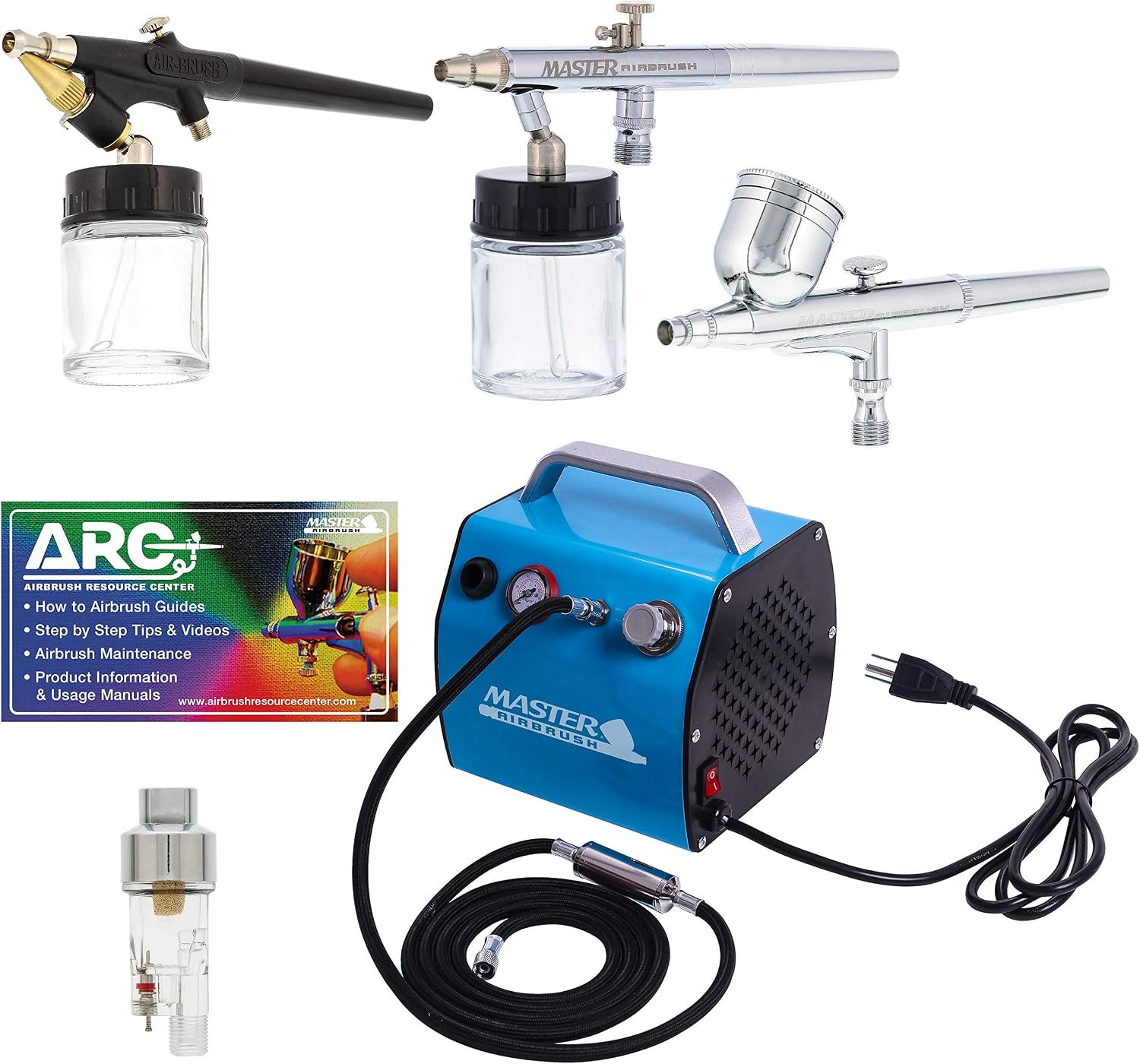 Master Airbrush Professional 3 Airbrush Kit with G22, S68, E91 Airbrushes, TC-77 Compressor & Air Hose by Master Airbrush