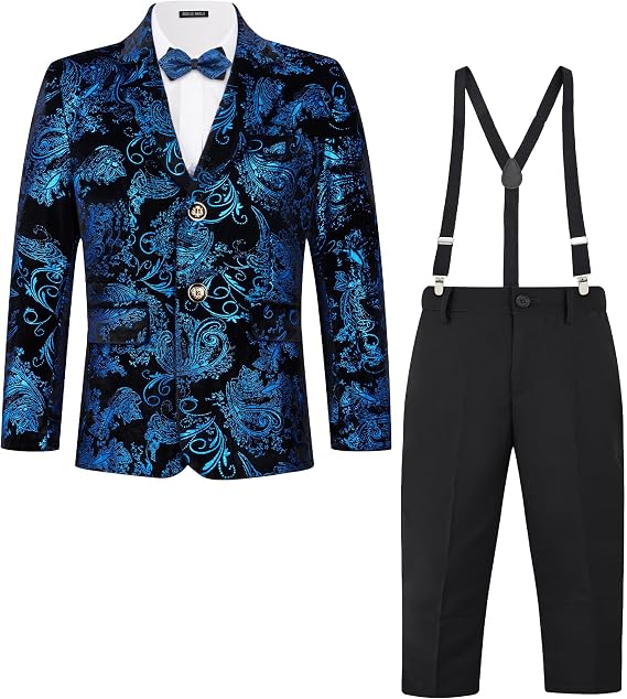 MAGE MALE Boys 3 Pieces Suit Colour Jacquard Slim Fit Jacket Pants Set for Wedding Prom Party Tuxedo with Kids Suspenders