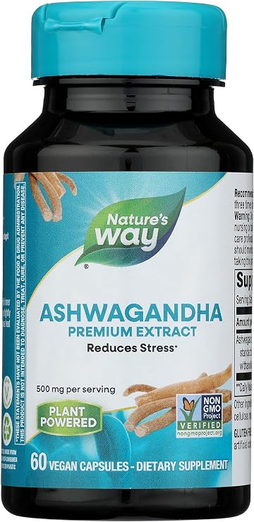 Nature's Way Ashwagandha, Reduces Stress*, Premium Extract, Adaptogenic*, Non-GMO Project Verified, Vegan, 60 Capsules (Packaging May Vary)