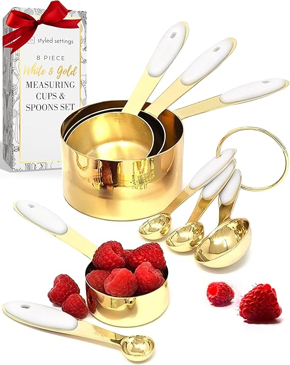 White and Gold Measuring Cups and Spoons Set 8-Piece Stackable Stainless Steel Measuring Set Stylish Gold Kitchen Accessories for Precise Baking and Cooking, Ideal Gift for Bakers and Chefs