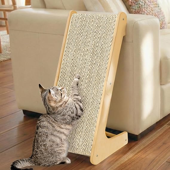 PETKARAY L-Shaped Dual-Use Sisal Cat Scratcher, 64 cm Tall Natural Sisal Cat Scratching Post, L-Shaped Pet Furniture Protector with Catnip, Chevron Pattern