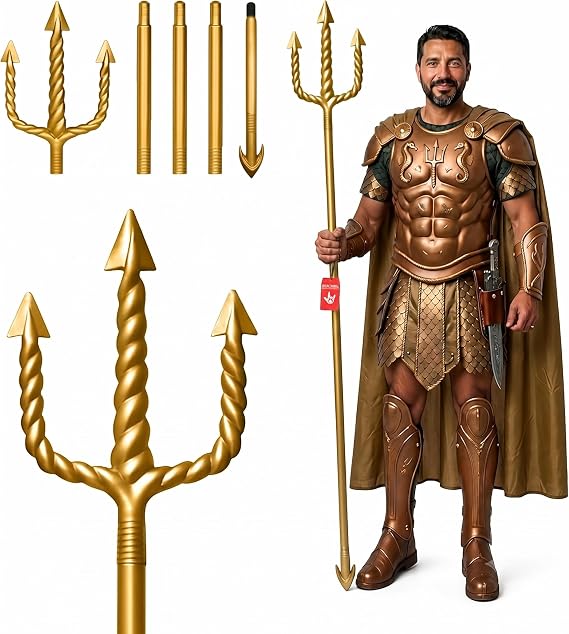 Nicky Bigs Novelties Gold Poseidon Trident Prop, King Triton Staff, Trident Costume Prop, Poseidon Costume Men Accessories