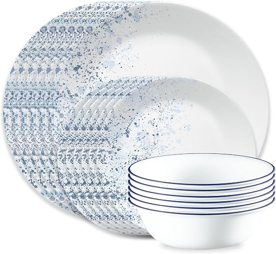 Corelle Vitrelle 18-Piece Service for 6 Dinnerware Set Triple Layer Glass and Chip Resistant, Lightweight Round Plates and Bowls Set, Indigo Speckle