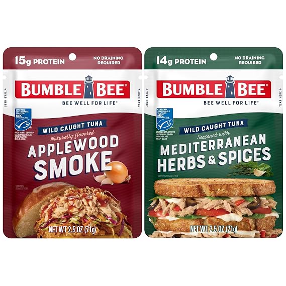 Bumble Bee Seasoned Tuna Pouch Duo (2 Total Pouches) - Applewood Smoke Tuna and Mediterranean Herbs & Spices Tuna - Ready to Eat 2.5 oz Packets