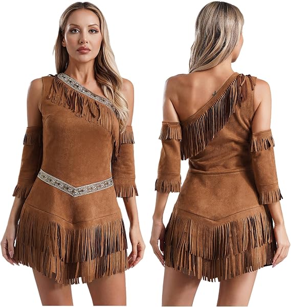 Women's Native American Indian Dress Plus Size Fringed Maiden Dresses with Arm Sleeves Halloween Costume
