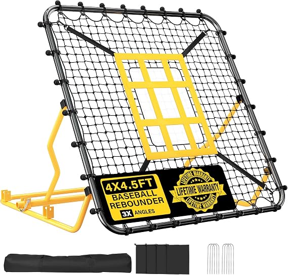Baseball Rebounder Net for Volleyball Softball Soccer Lacrosse Adjustable Bounce Back Pitching Trainer with Strike Zone & 9-Grid Target Angled Rebound for Fielding Batting Hitting & Backyard Practice