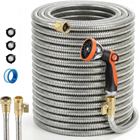 Garden Hose, 100ft 5/8" Stainless Steel Water Hose w/ 10-Mode Spray Nozzle, On/Off Valve, 523 PSI Burst, Anti-Kink, Lightweight All-Weather Flexible, Leakproof 3/4" Brass Male to Female Fittings