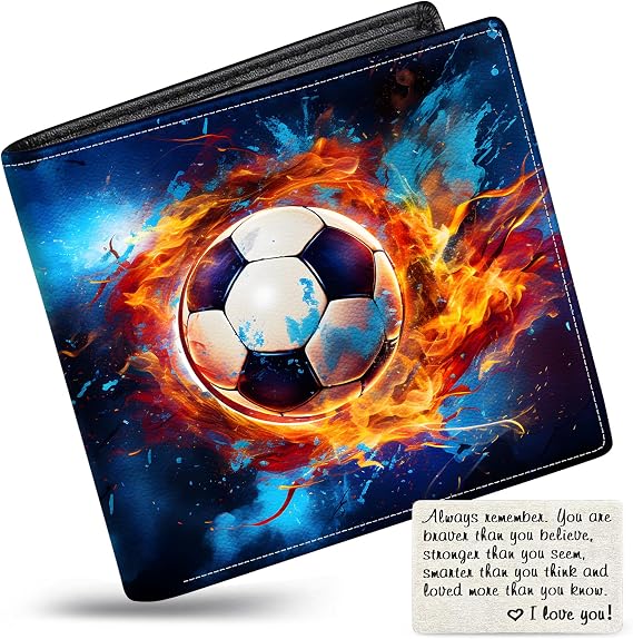 Boys Wallet for Kids, Teen Boy Soccer Wallets 9-12 8-10 8-12, Cool Novelty Leather Bifold Rfid Blocking Purse Coin Pocket Zipper Id Window for Children Men Male Youth Guys Birthday Gifts