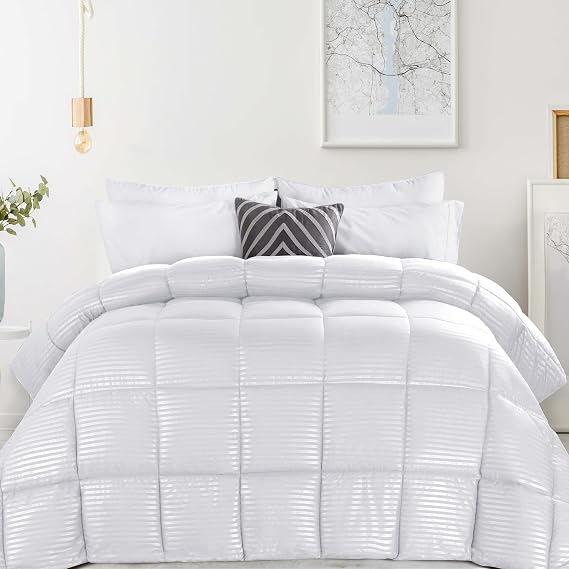 Superior Brushed Microfiber 1 cm Striped Comforter, Down Alternative Bedding, Reversible, Medium Weight, Fluffy, Decorative, Plush Duvet Insert, Oversized Blanket, Box Quilt Design, King, White