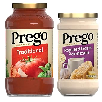 Bundle of Prego Traditional Pasta Sauce, 24 Oz Jar + Prego Alfredo Pasta Sauce with Roasted Garlic and Parmesan Cheese, 14.5 oz Jar