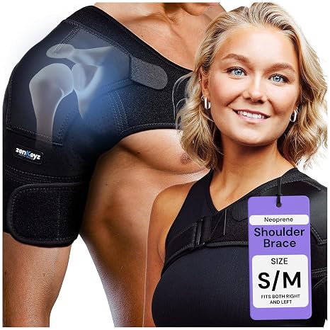ZENKEYZ Shoulder Brace - S/M, Chest 30-40in, Black Neoprene | Neoprene compression sleeve - adjustable strap, ice/heat pocket - Use for rotator cuff & joint stability