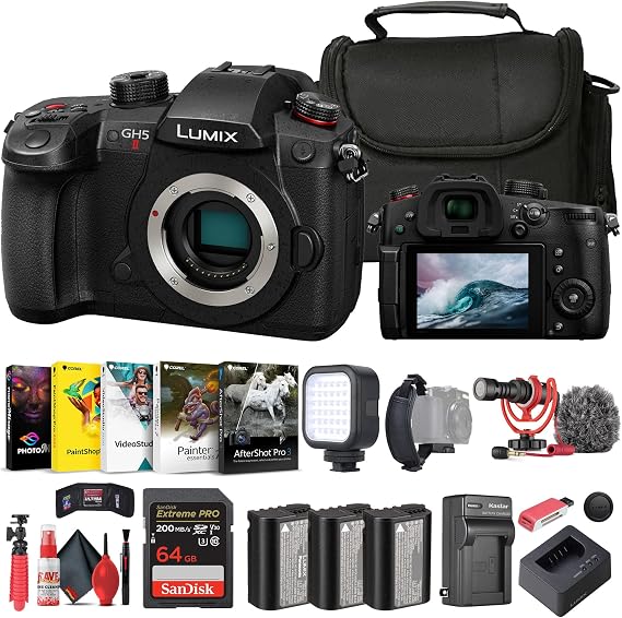 Panasonic LUMIX GH5 II Mirrorless Camera (DC-GH5M2BODY) & Microphone Bundle | For Photography & Video | Corel Photo Software | Bag | Rode Compact Mic + LED Light + Battery + 64GB Memory Card + Tripod
