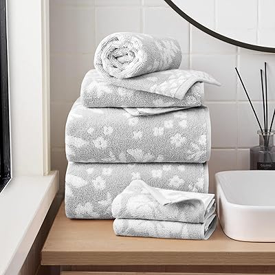 Lucky Brand Folk Floral 6 Piece Bath Towel Set - 2 Bath Towels, 2 Hand Towels, and 2 Washcloths - Glacier Grey Premium Bathroom Towel Set