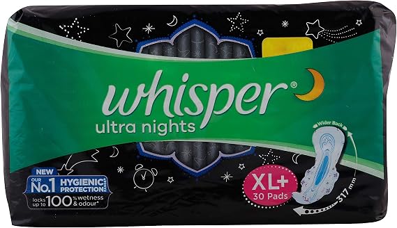 Whisper Ultra Night Sanitary Pads with Wings for women- 30 Pads (XL)