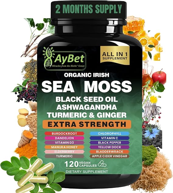 Organic Irish Sea Moss Capsules 120 Count 16 in 1 Sea Moss Supplement with Black Seed Oil, Ashwagandha, Turmeric & Ginger, Bladderwrack &