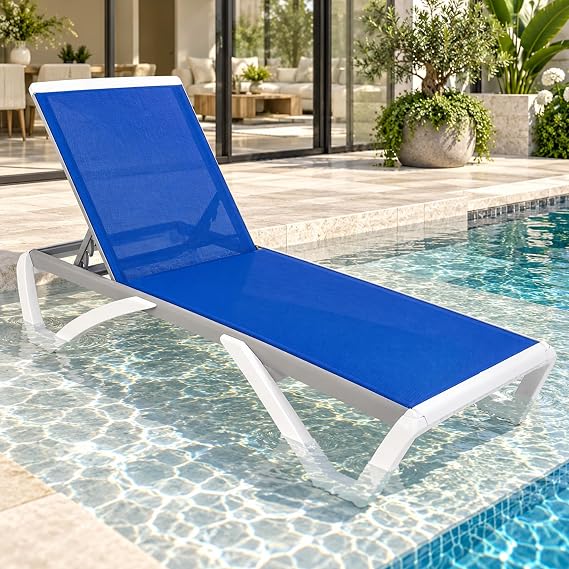 Kozyard Outdoor Chaise Lounge Chair, Full Flat Adjustable Patio Lounger with Aluminum Frame & Resin Legs, Textilene Fabric for Poolside, Backyard & Beach (Blue, Chair)