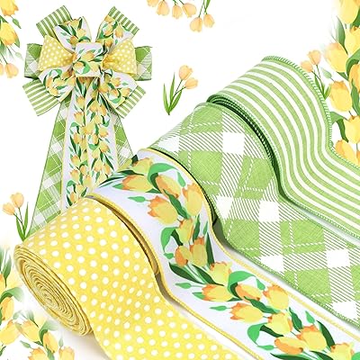 LaRibbons Floral Ribbon Wired 4 Rolls 2.5 Inch x 24 Yards TTL, Green and Yellow Tulip Floral Ribbon with Striped Plaid and Polka Dot Printed for Spring Summer Crafts Wrapping Wreath Bow Decoration