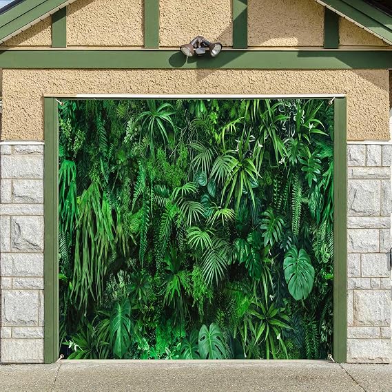 Tropical Jungle Safari Garage Door Cover Banner Decorations, Green Hawaiian Jungle Plant Leaves Outdoor Car Garage Door Murals Buddy Decorations Single 8 X 7 Ft