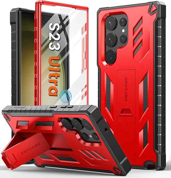 FNTCASE for Samsung Galaxy S23 Ultra Case, Built-in Screen Protector Red | Kickstand, 20FT Military-Grade Drop Protection, Anti-Slip Matte, Rugged Heavy Duty Shockproof Protective Phone Cover, Red