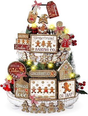 Shellwei 24 Pcs Christmas Tiered Tray Decor Set Wood Rustic Gingerbread Christmas Decoration Winter Farmhouse Decor Xmas Trees Gnome Elk Snowflake Signs for Table Shelf Home Centerpiece Cute