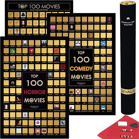3 in 1 Gift Set - Top 100 Movies, Horrors, Comedy Scratch off Posters Bundle - Best Movies to Watch - Essential Cinema Checklist - Films of All Time Bucketlist - Ultimate Films Scratchable Poster