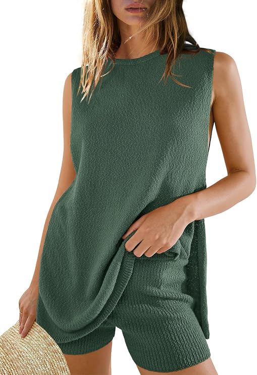 Panadila Womens Summer Lounge Sets 2 Piece Outfits Beach Vacation Outfits Tank Top and Shorts Sweater Matching Set