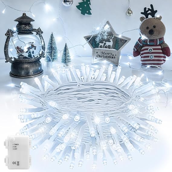cshare Christmas String Lights Battery Operated, LED Christmas Lights Outdoor with Tiimer White Wire Mini Lights 16.4ft 50LED for Christmas Tree Garland Wedding Party Cool White