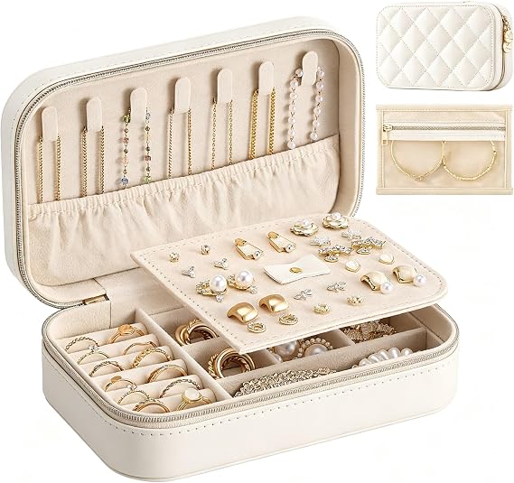 Lolalet Travel Jewelry Case with Clear Bag for Women Girls -Medium/Beige