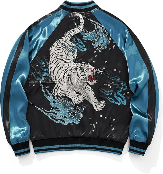 Tiger Flame Embroidered Satin Bomber Jacket Japanese Style