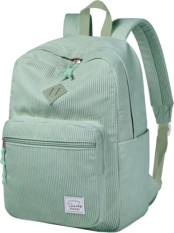 VASCHY Corduroy School Backpack, Vintage Casual Kawaii Girls School Bag Cute Aesthetic Fuzzy Fluffy Plush Fleece Laptop Rucksack Daypack for Travel Teens/Man/Women, Light Green