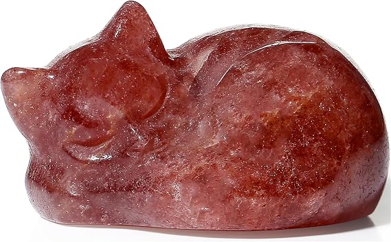 YATOJUZI 2" Cat Decors Statue Strawberry Quartz Crystals Sleeping Cats Gemstone Hand-Carved Cute Animal Statues Figurine Stone Home Office Desk Decor Lucky Reiki Kitten Ornaments Gifts for Women Men