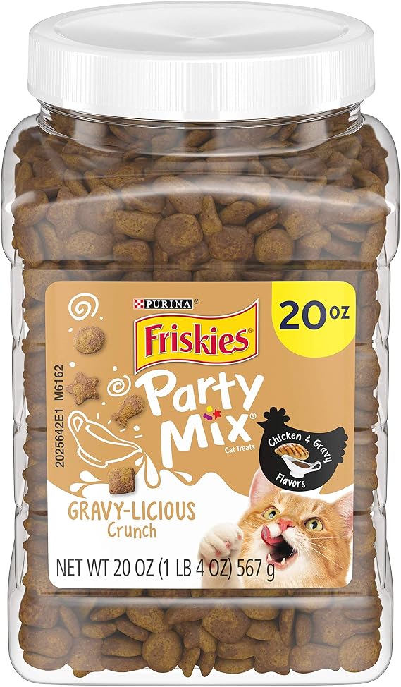 Purina Friskies Cat Treats, Party Mix Gravy-licious Crunch Chicken and Gravy Flavors - 20 oz. Canister