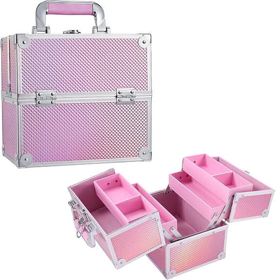 Frenessa Makeup Box Organiser Cosmetics Case Jewellery Organiser Box Vanity Case Pink Make Up Storage Beauty Case Lockable with Keys