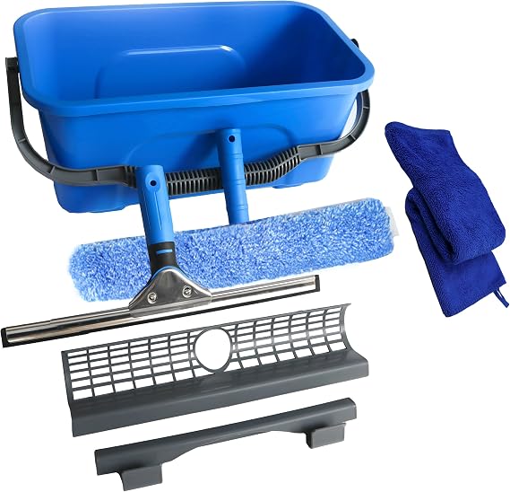 Squeegee with Shelf Storage for Window Cleaning,Window Cleaning Squeegee kit with Bucket&Microfiber Scrubber,Bathroom,Shower Doors,Mirrors,Tiles,and Car Windows